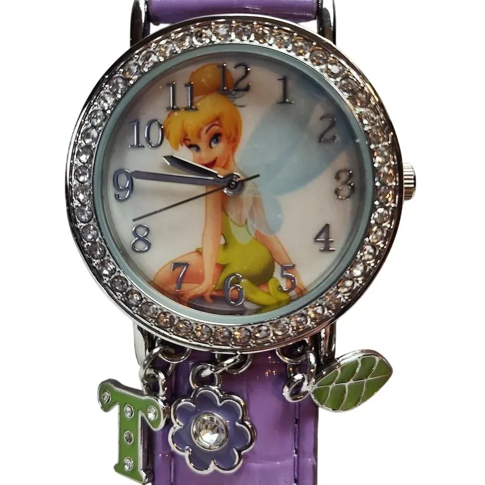 Disney Tinker Bell Charm Watch Purple Strap Rhinestone Bezel